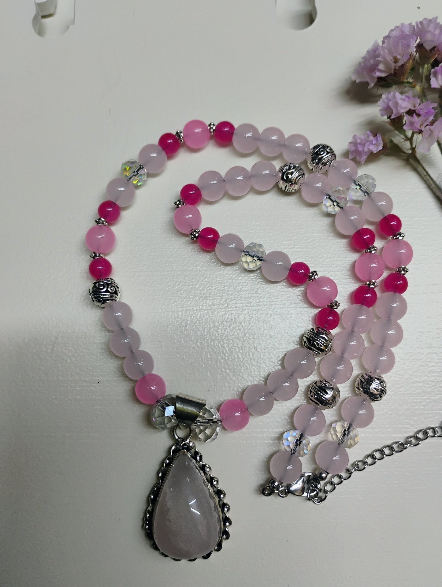 Rose Quartz Pendant Beaded Necklace