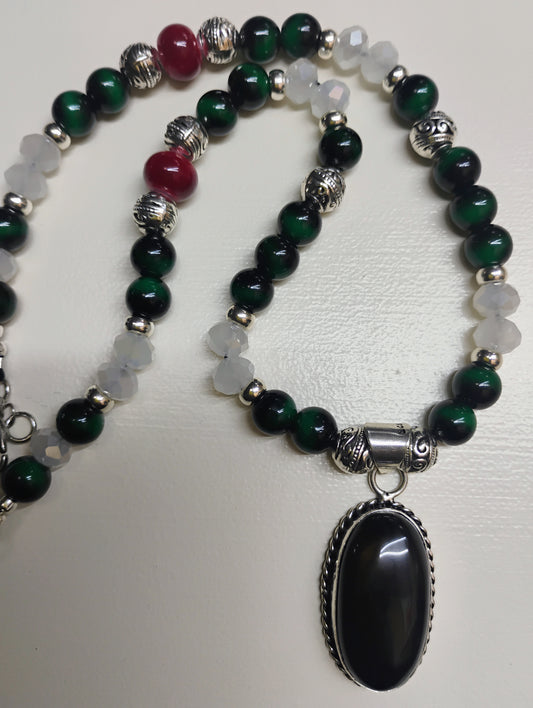Obsidian Pendant Beaded Necklace